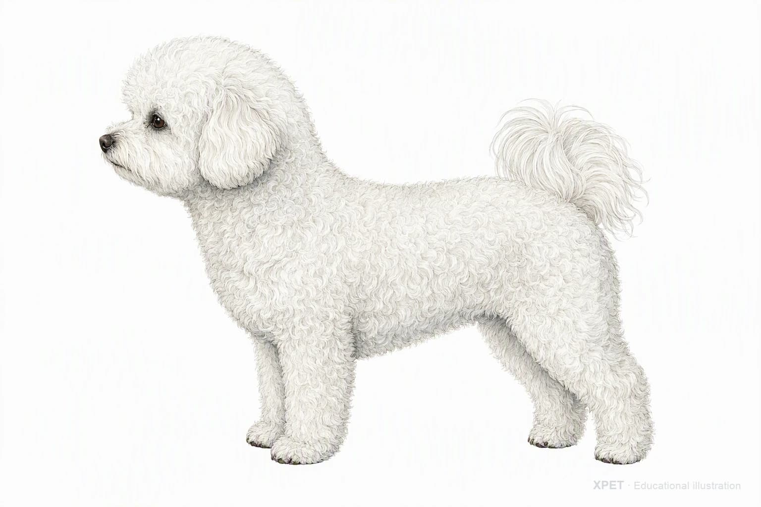 Original XPET engraving and watercolor illustration of Bichon Frise: an adult in left-facing profile.