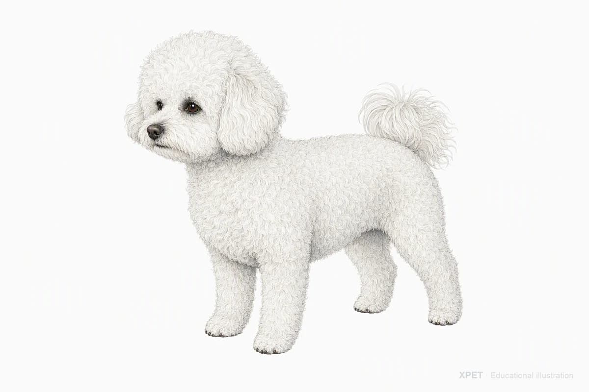 Original XPET engraving and watercolor illustration of Bichon Frise: a complete three-quarter standing view.