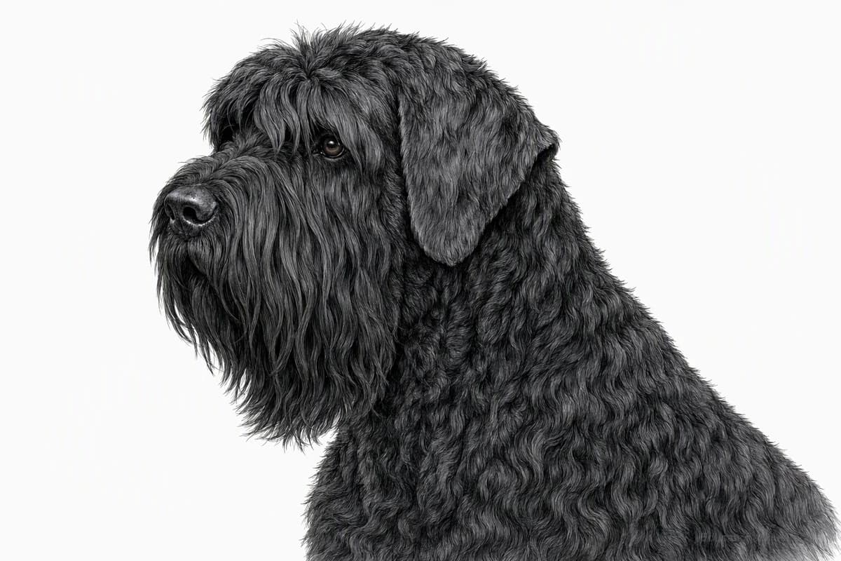 Original XPET engraving and watercolor illustration of Black Russian Terrier: a head and coat detail study.