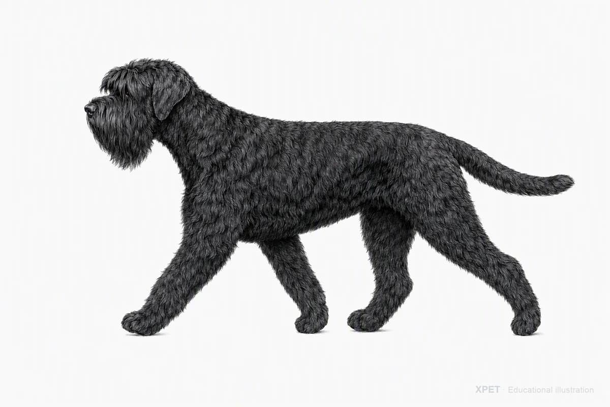 Original XPET engraving and watercolor illustration of Black Russian Terrier: a natural movement study.
