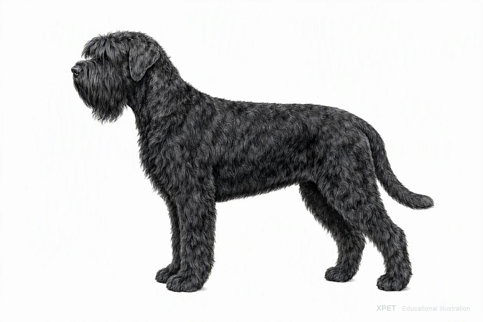 Original XPET engraving and watercolor illustration of Black Russian Terrier: an adult in left-facing profile.