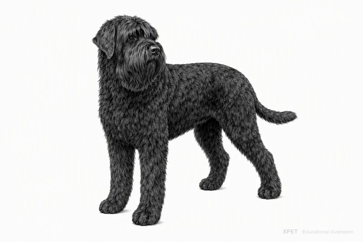 Original XPET engraving and watercolor illustration of Black Russian Terrier: a complete three-quarter standing view.