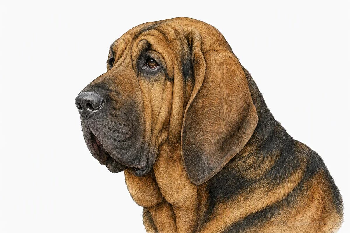 Original XPET engraving and watercolor illustration of Bloodhound: a head and coat detail study.