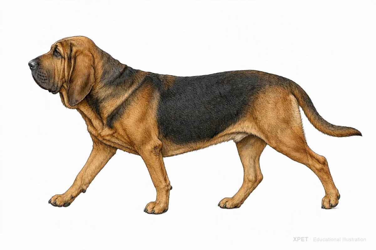 Original XPET engraving and watercolor illustration of Bloodhound: a natural movement study.