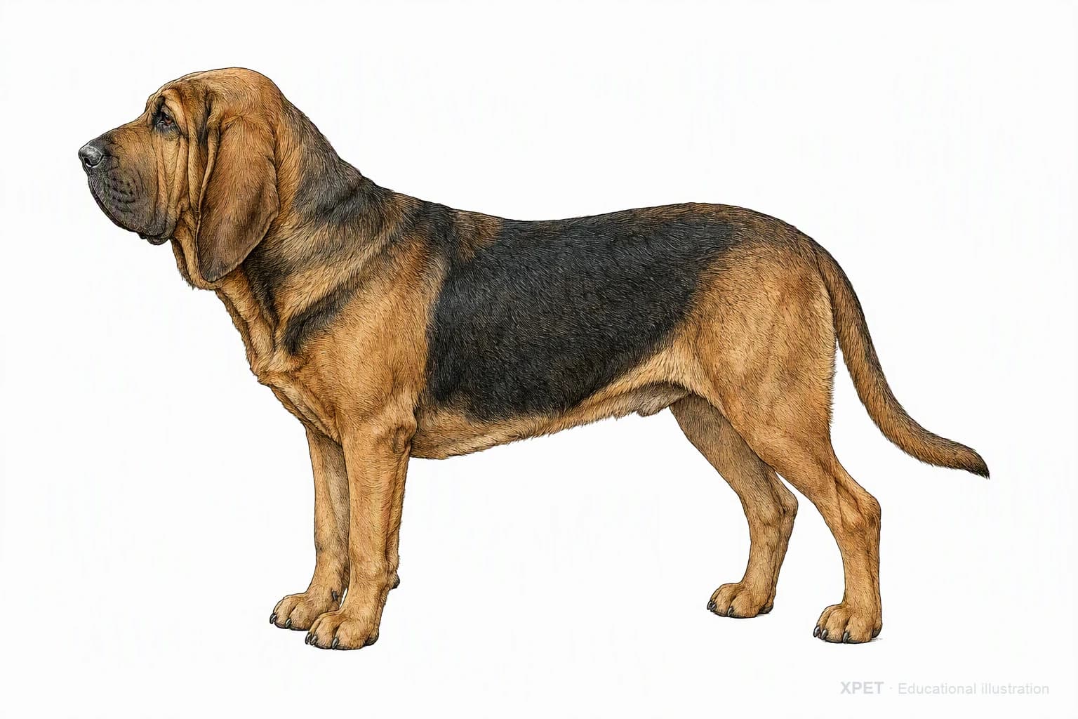 Original XPET engraving and watercolor illustration of Bloodhound: an adult in left-facing profile.