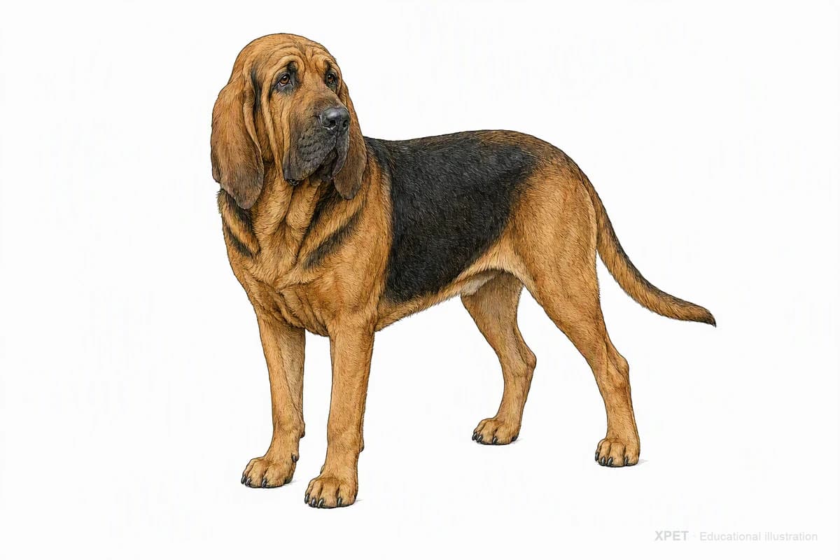 Original XPET engraving and watercolor illustration of Bloodhound: a complete three-quarter standing view.