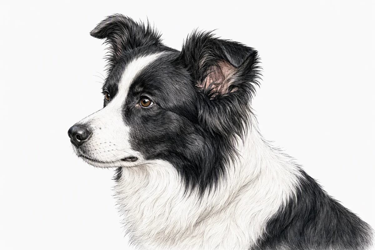 Original XPET engraving and watercolor illustration of Border Collie: a head and coat detail study.