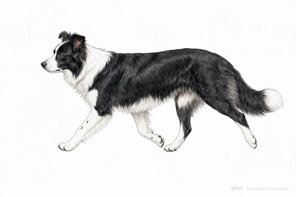 Original XPET engraving and watercolor illustration of Border Collie: a natural movement study.