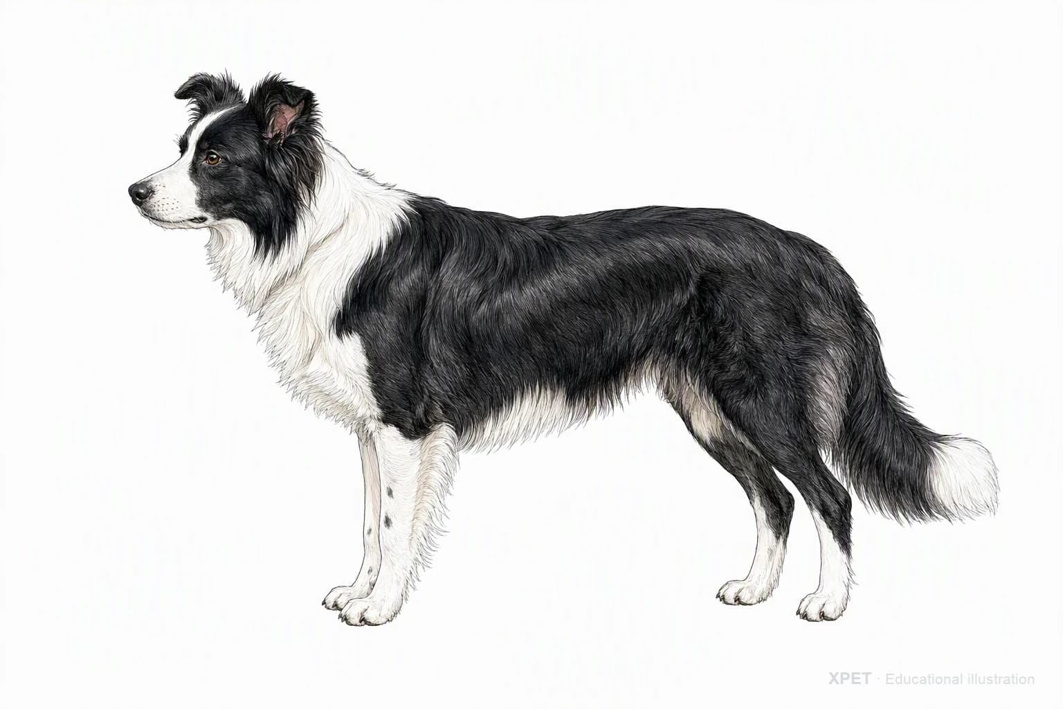 Original XPET engraving and watercolor illustration of Border Collie: an adult in left-facing profile.