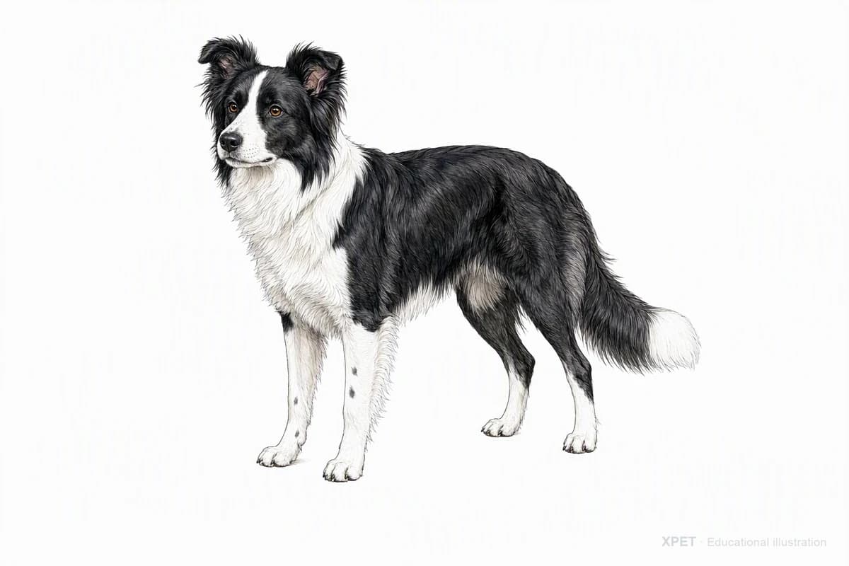 Original XPET engraving and watercolor illustration of Border Collie: a complete three-quarter standing view.