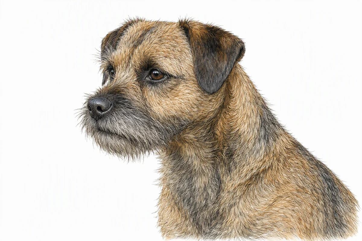 Original XPET engraving and watercolor illustration of Border Terrier: a head and coat detail study.