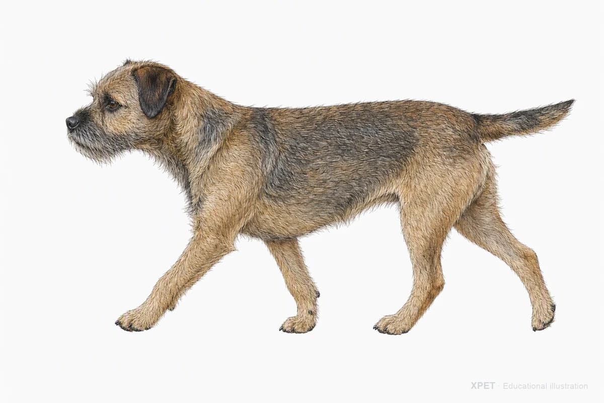 Original XPET engraving and watercolor illustration of Border Terrier: a natural movement study.