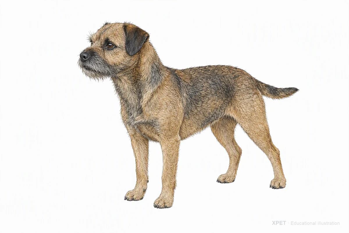 Original XPET engraving and watercolor illustration of Border Terrier: a complete three-quarter standing view.