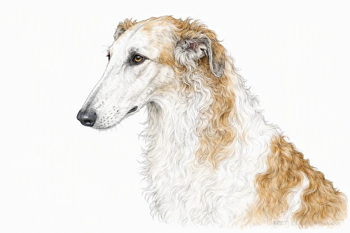 Original XPET engraving and watercolor illustration of Borzoi: a head and coat detail study.