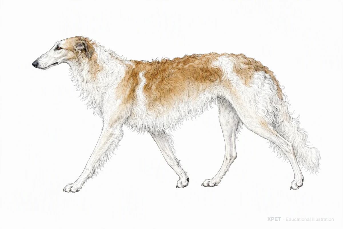Original XPET engraving and watercolor illustration of Borzoi: a natural movement study.