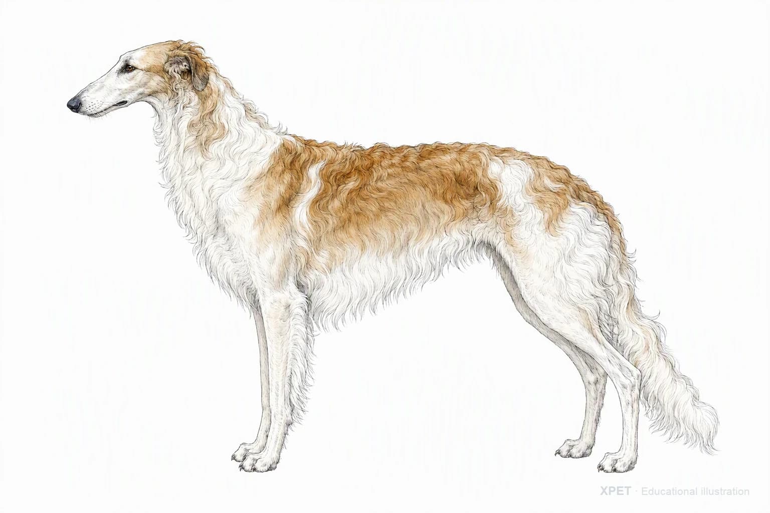 Original XPET engraving and watercolor illustration of Borzoi: an adult in left-facing profile.