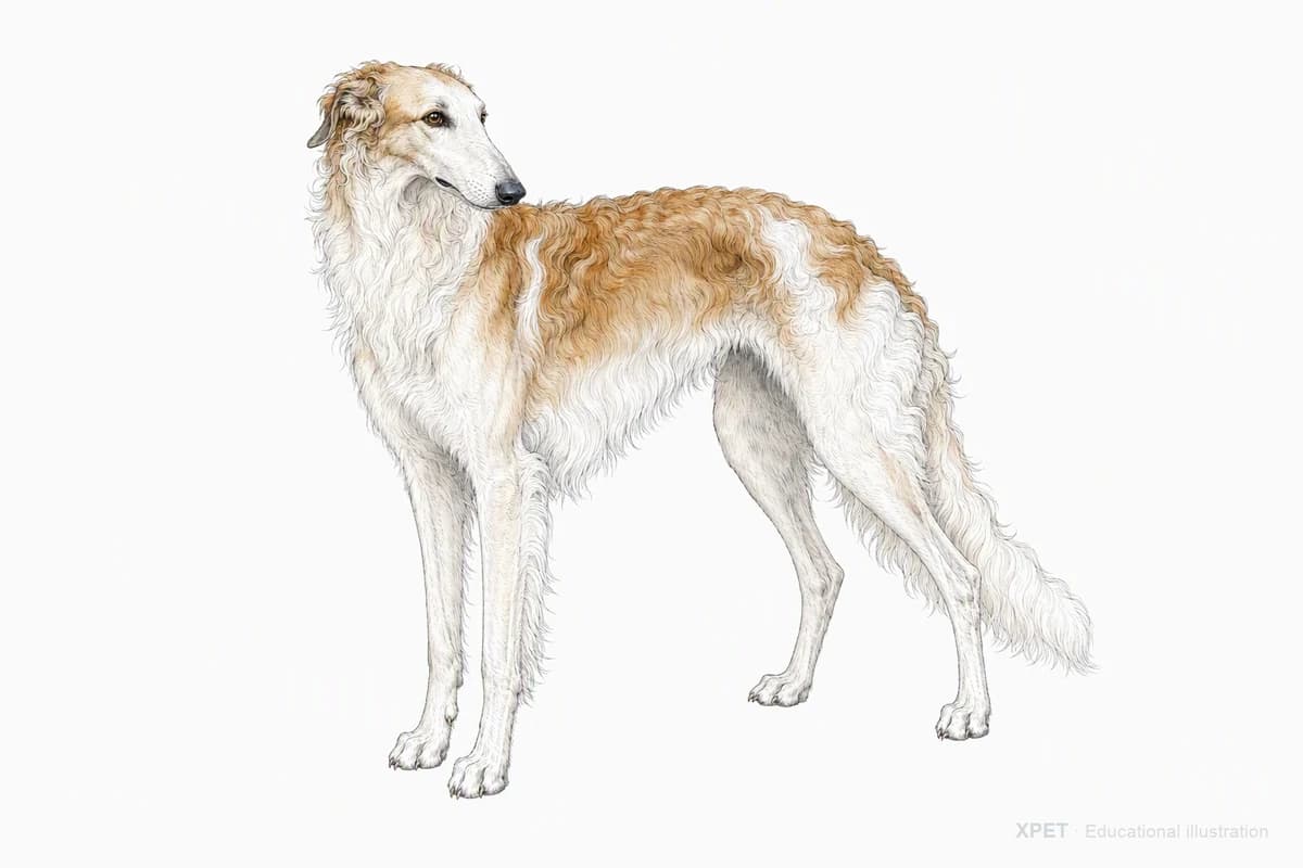 Original XPET engraving and watercolor illustration of Borzoi: a complete three-quarter standing view.
