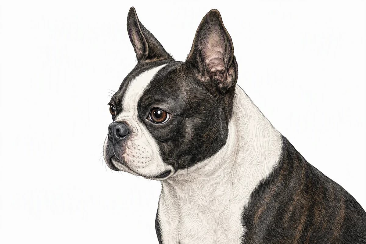 Original XPET engraving and watercolor illustration of Boston Terrier: a head and coat detail study.