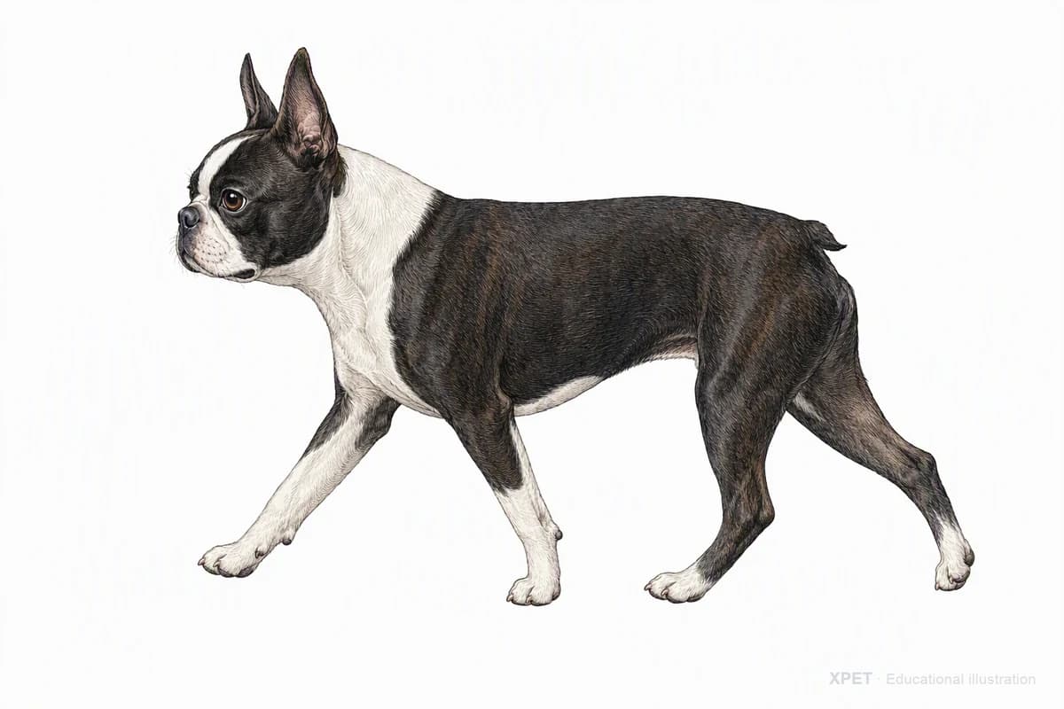 Original XPET engraving and watercolor illustration of Boston Terrier: a natural movement study.