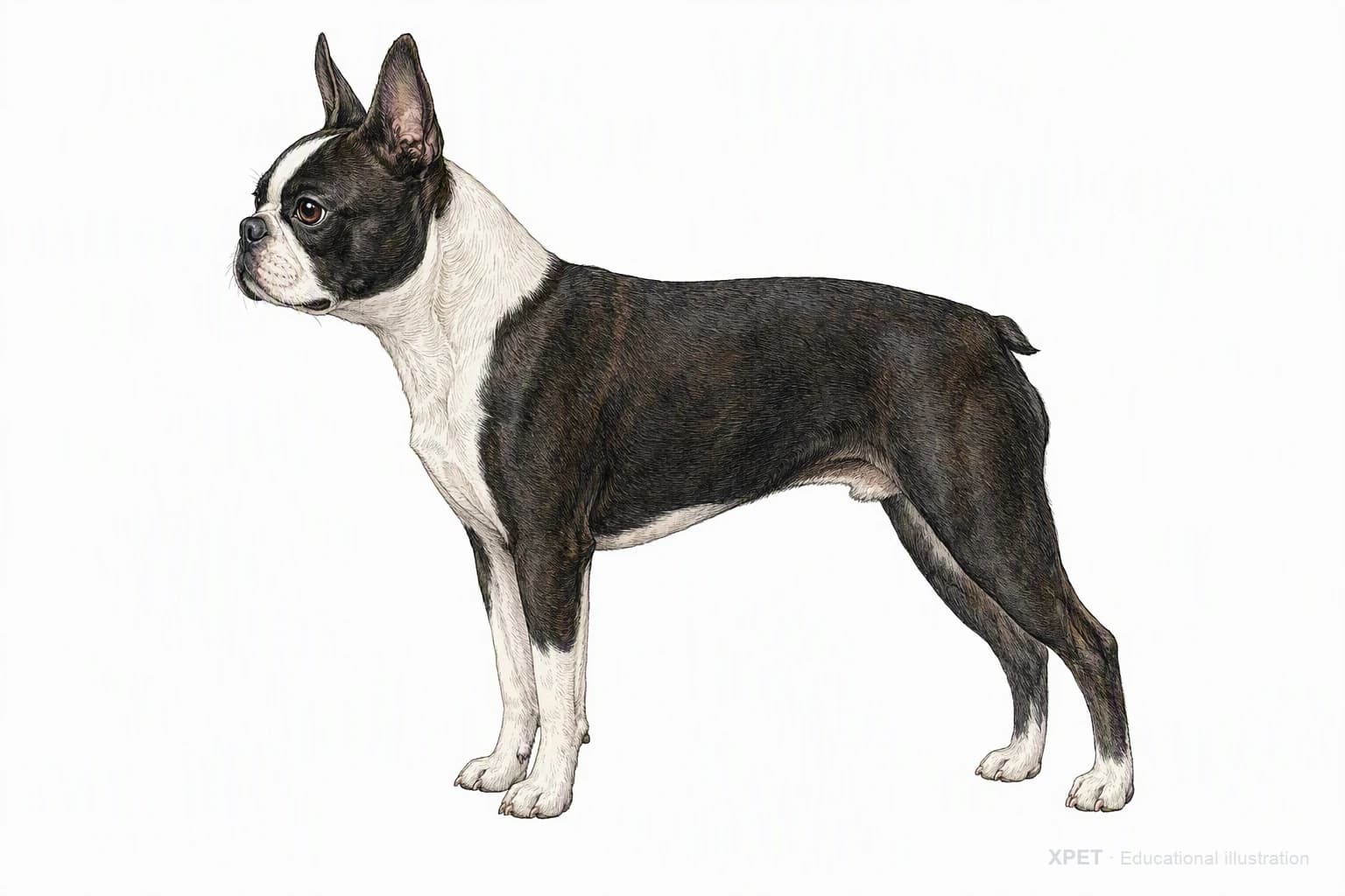 Original XPET engraving and watercolor illustration of Boston Terrier: an adult in left-facing profile.