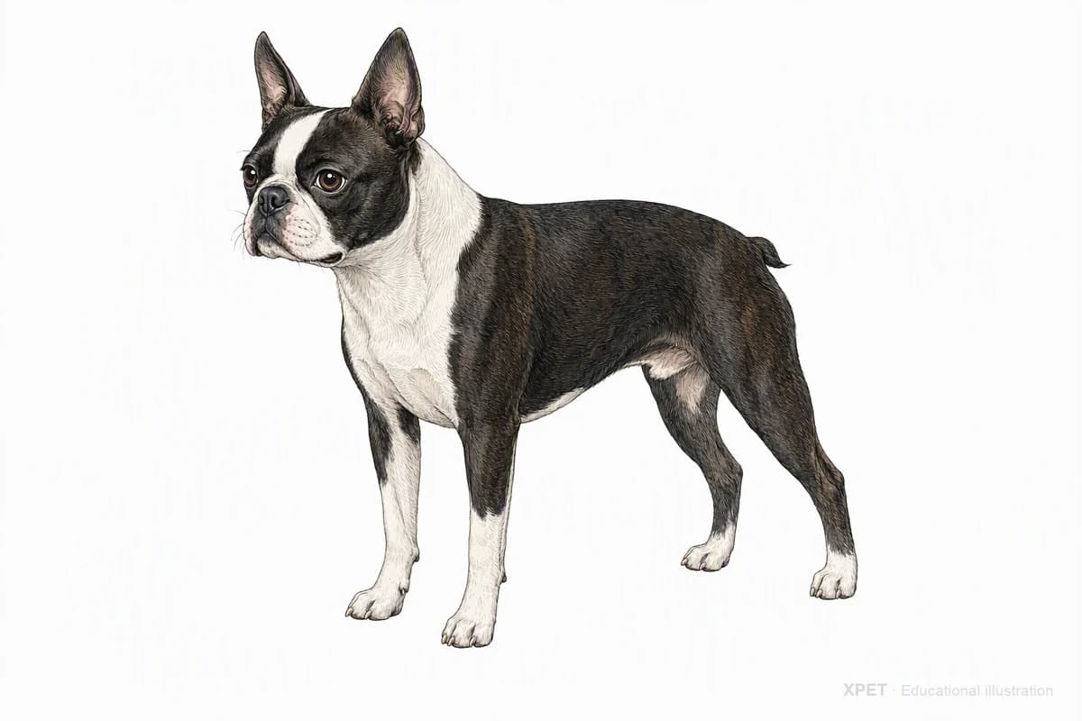 Original XPET engraving and watercolor illustration of Boston Terrier: a complete three-quarter standing view.