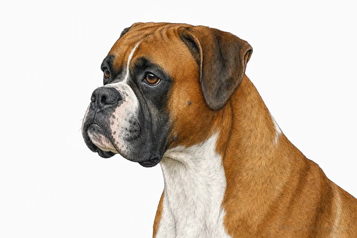 Original XPET engraving and watercolor illustration of Boxer: a head and coat detail study.