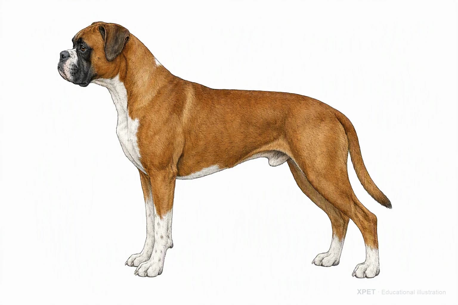 Original XPET engraving and watercolor illustration of Boxer: an adult in left-facing profile.