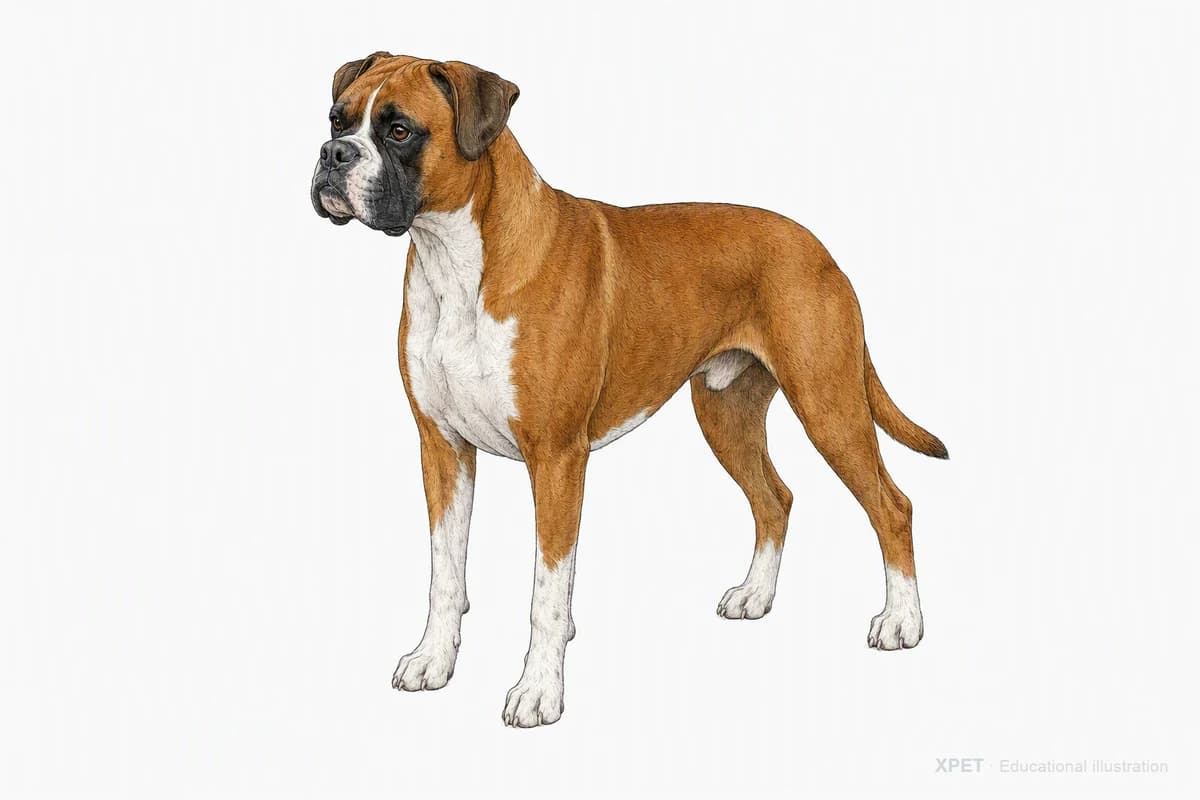 Original XPET engraving and watercolor illustration of Boxer: a complete three-quarter standing view.