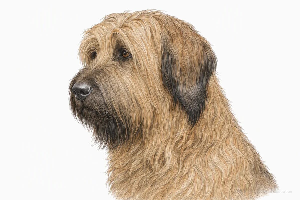 Original XPET engraving and watercolor illustration of Briard: a head and coat detail study.