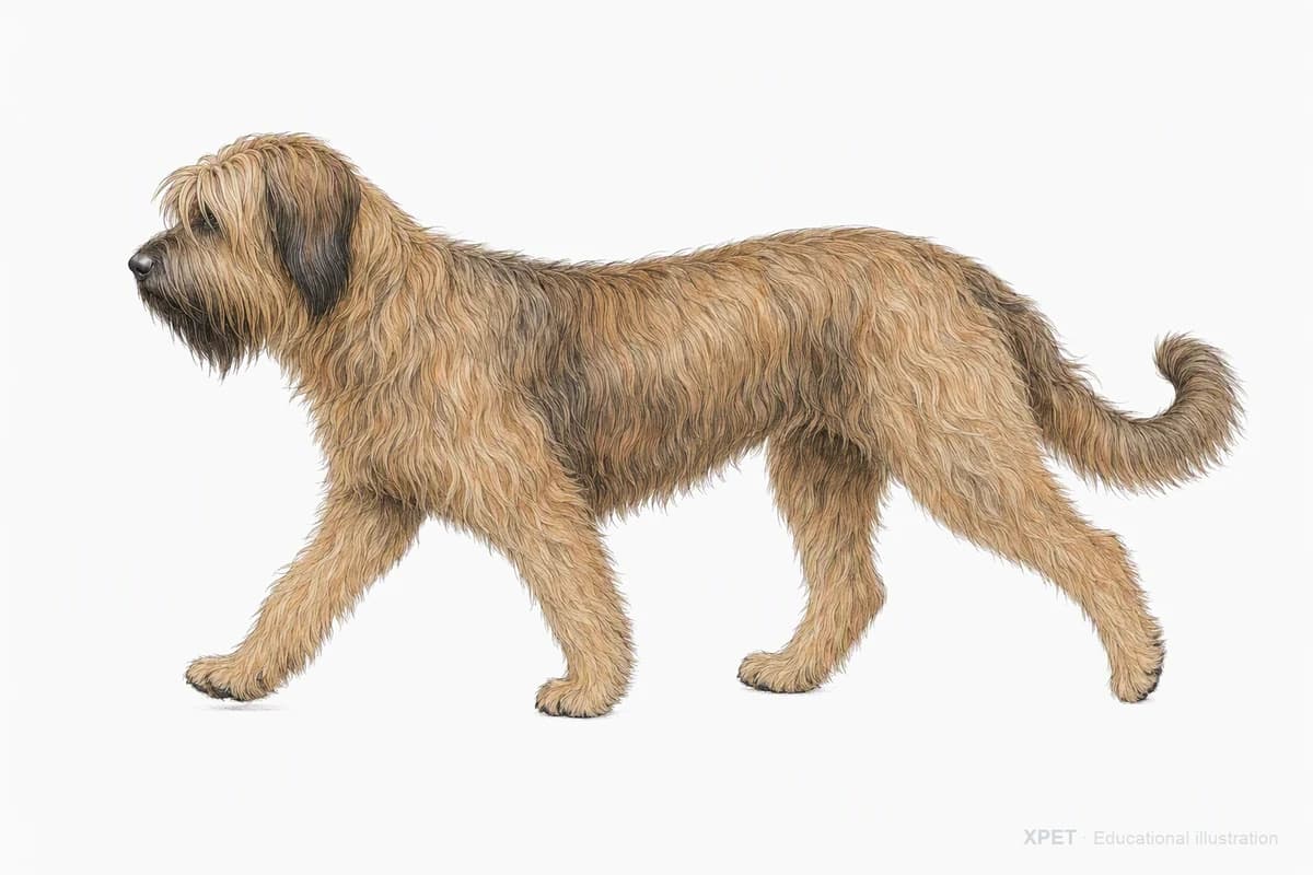 Original XPET engraving and watercolor illustration of Briard: a natural movement study.