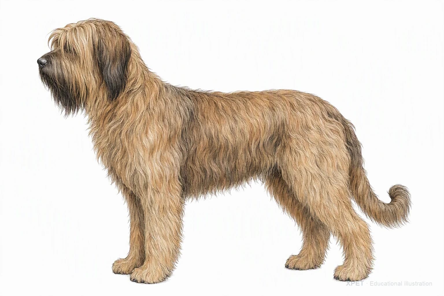 Original XPET engraving and watercolor illustration of Briard: an adult in left-facing profile.
