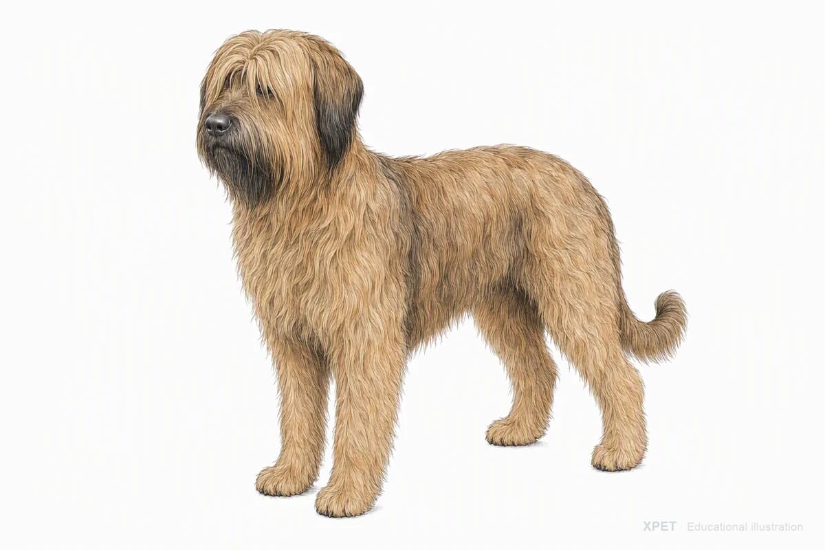 Original XPET engraving and watercolor illustration of Briard: a complete three-quarter standing view.