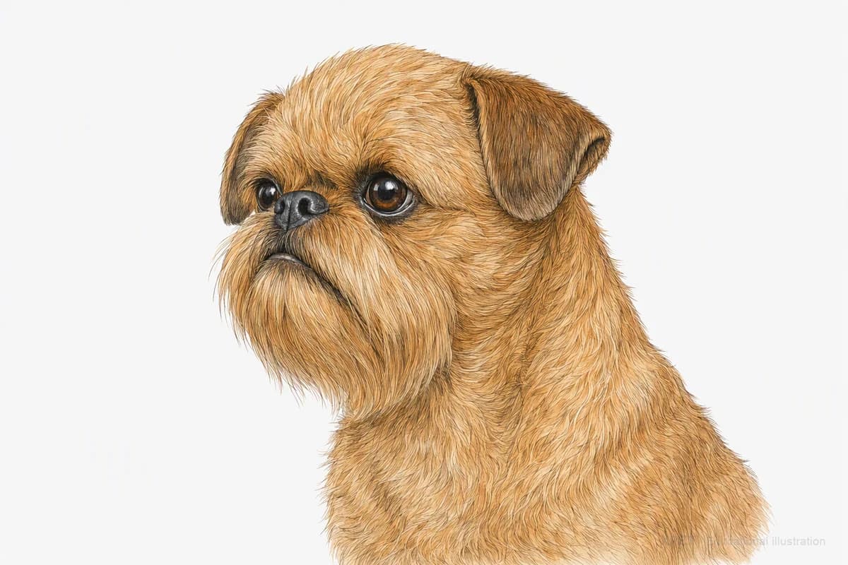 Original XPET engraving and watercolor illustration of Brussels Griffon: a head and coat detail study.