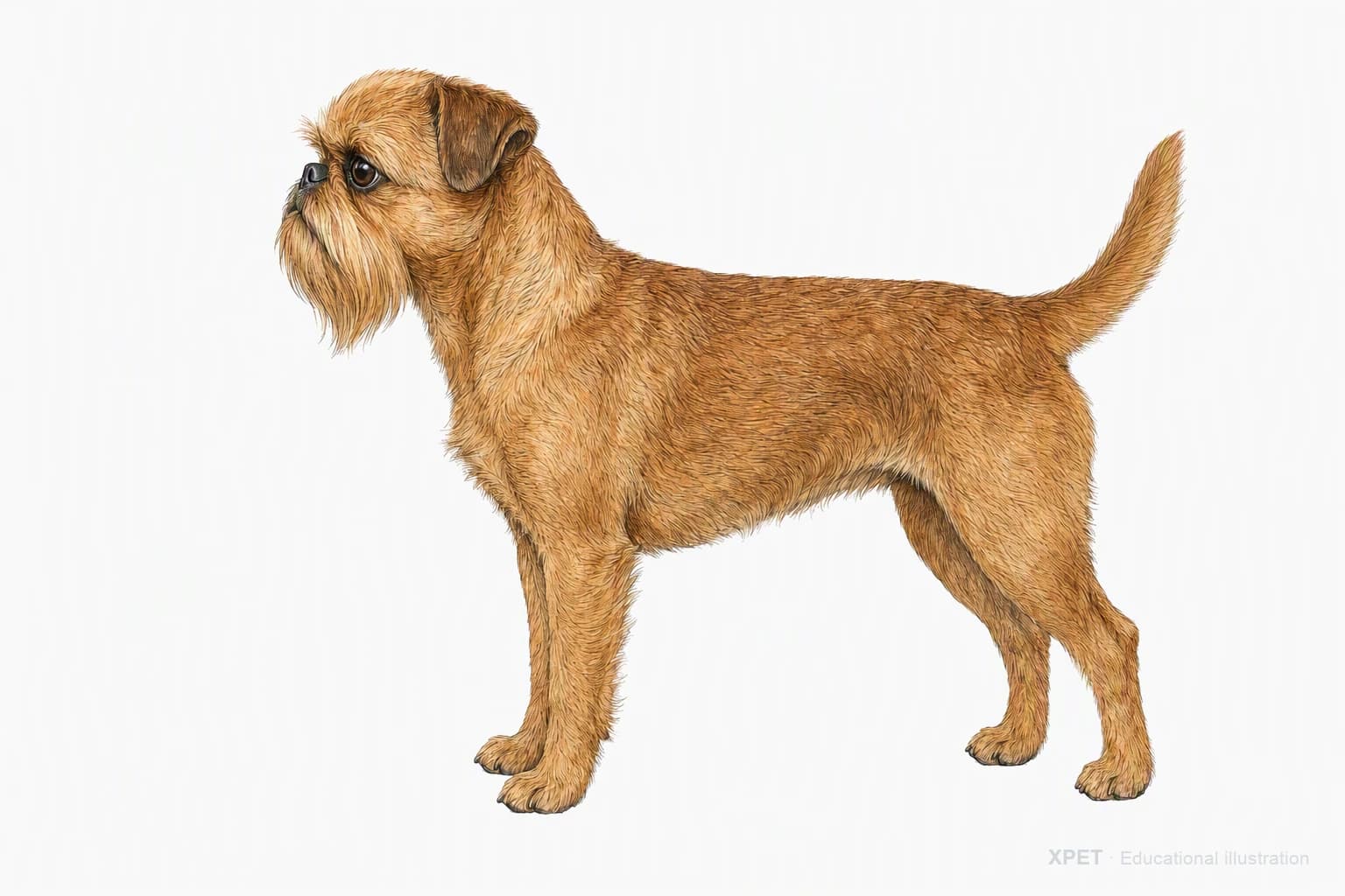 Original XPET engraving and watercolor illustration of Brussels Griffon: an adult in left-facing profile.