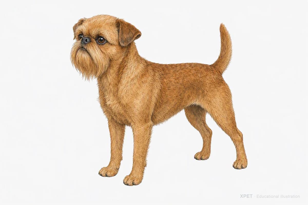 Original XPET engraving and watercolor illustration of Brussels Griffon: a complete three-quarter standing view.