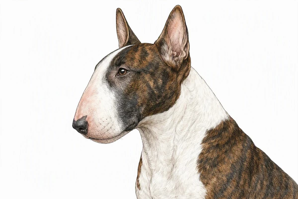 Original XPET engraving and watercolor illustration of Bull Terrier: a head and coat detail study.
