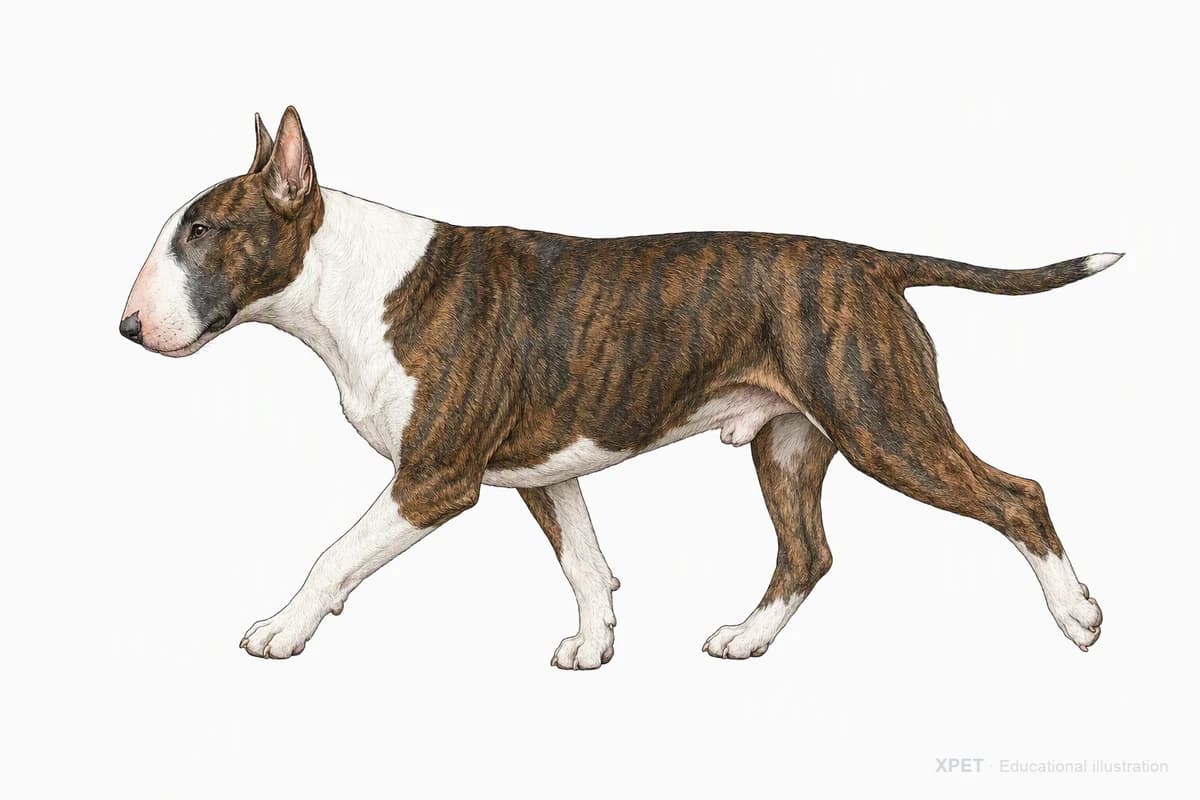 Original XPET engraving and watercolor illustration of Bull Terrier: a natural movement study.