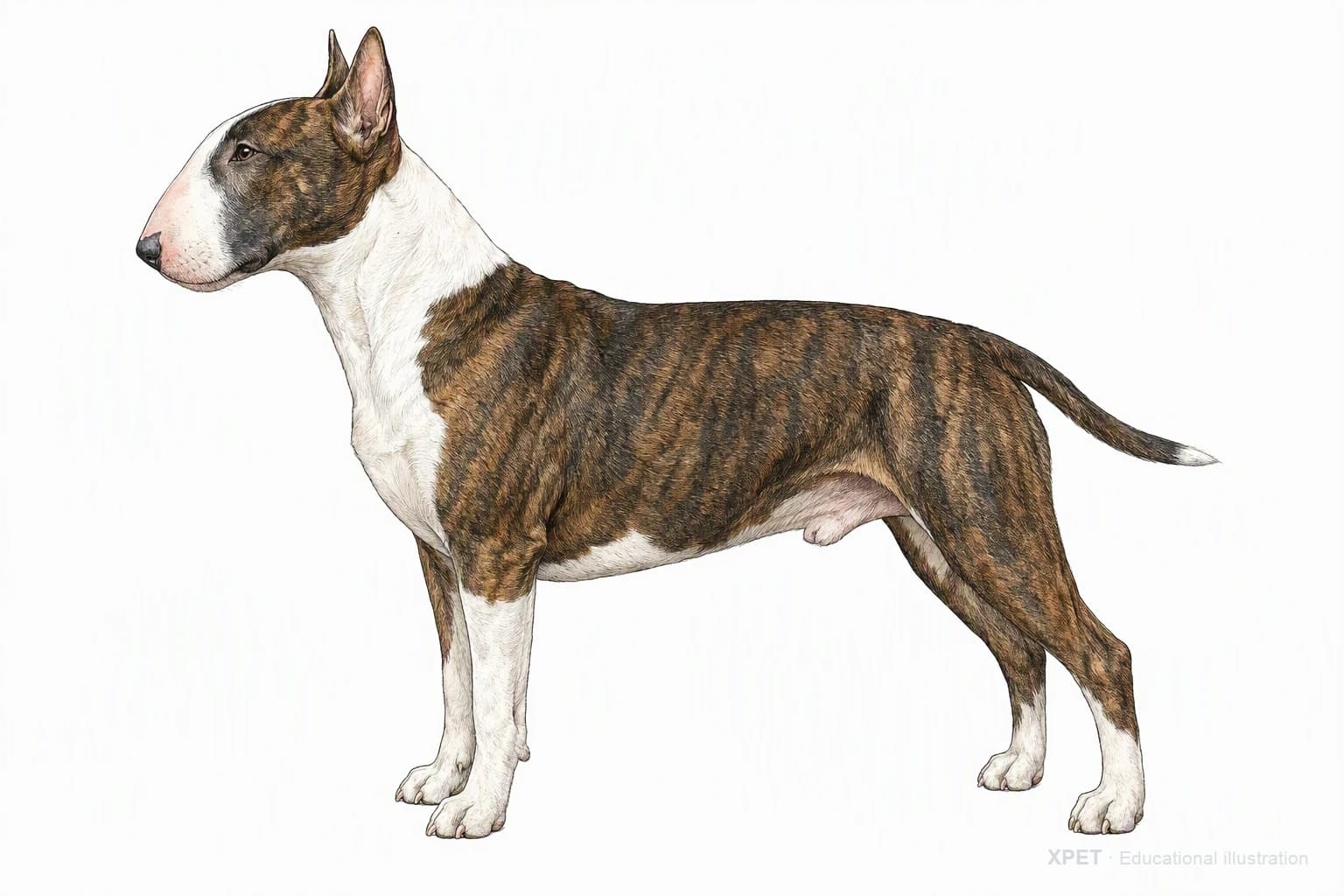 Original XPET engraving and watercolor illustration of Bull Terrier: an adult in left-facing profile.