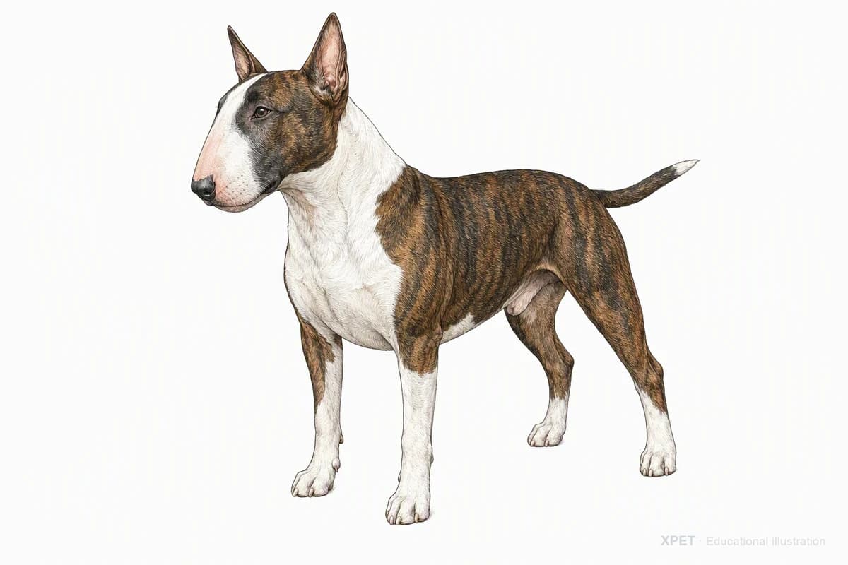 Original XPET engraving and watercolor illustration of Bull Terrier: a complete three-quarter standing view.