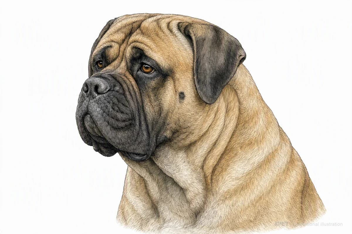 Original XPET engraving and watercolor illustration of Bullmastiff: a head and coat detail study.