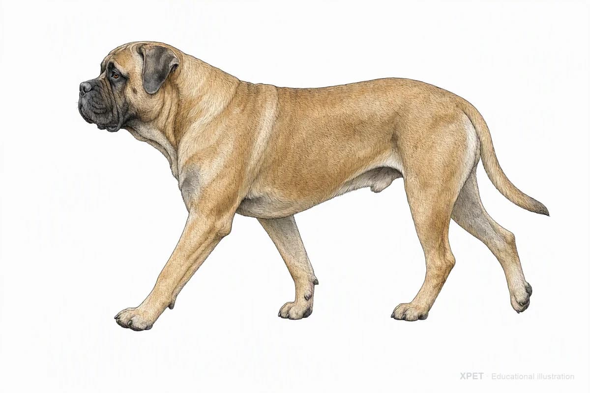 Original XPET engraving and watercolor illustration of Bullmastiff: a natural movement study.