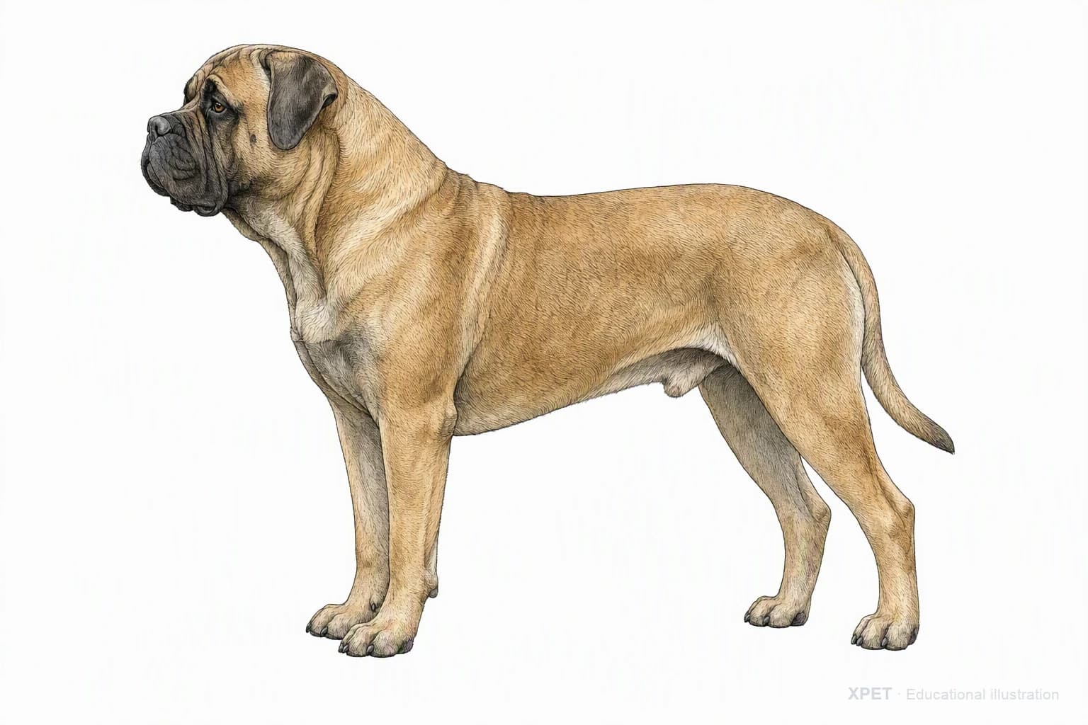Original XPET engraving and watercolor illustration of Bullmastiff: an adult in left-facing profile.