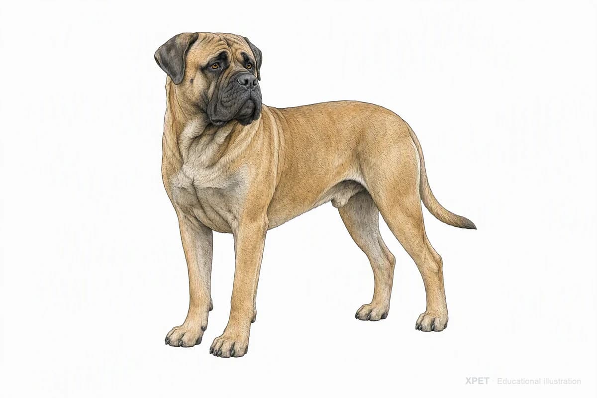 Original XPET engraving and watercolor illustration of Bullmastiff: a complete three-quarter standing view.