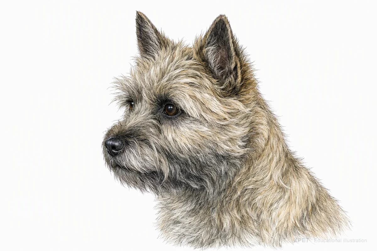 Original XPET engraving and watercolor illustration of Cairn Terrier: a head and coat detail study.