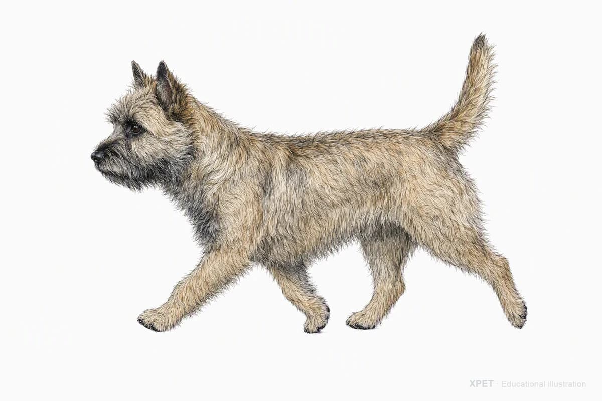 Original XPET engraving and watercolor illustration of Cairn Terrier: a natural movement study.