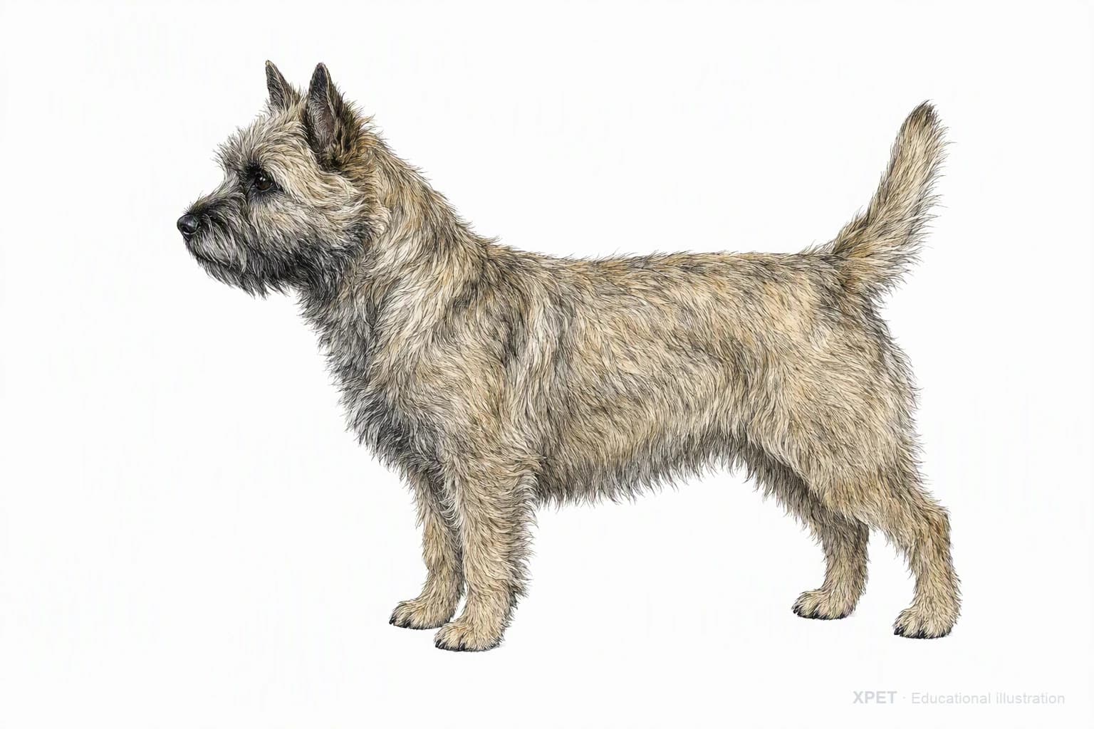 Original XPET engraving and watercolor illustration of Cairn Terrier: an adult in left-facing profile.
