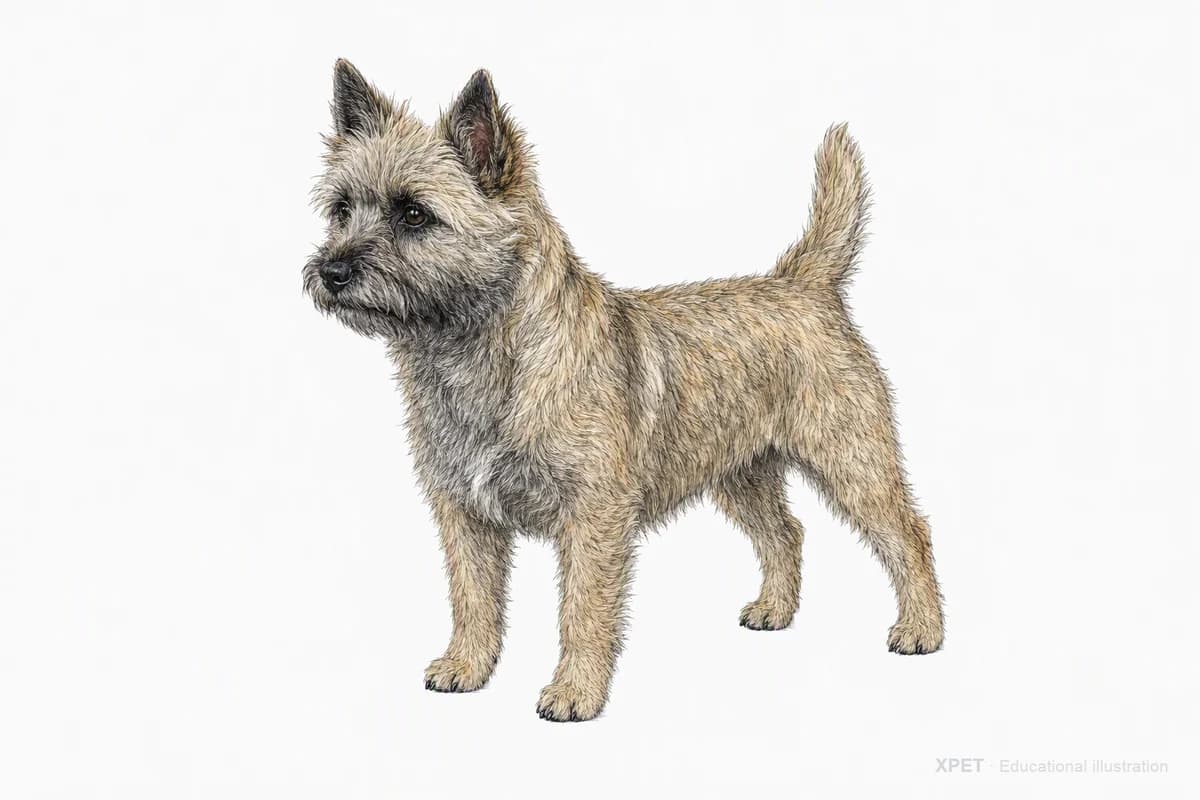 Original XPET engraving and watercolor illustration of Cairn Terrier: a complete three-quarter standing view.