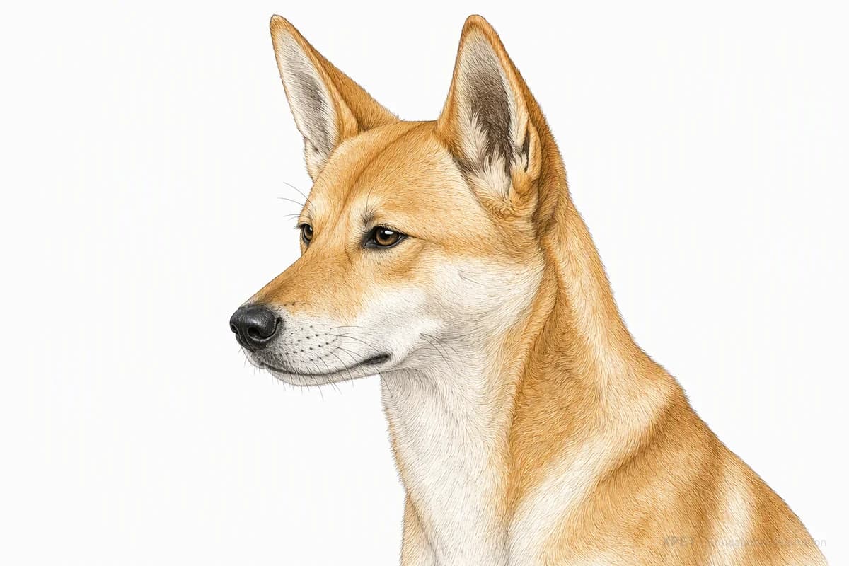 Original XPET engraving and watercolor illustration of Canaan Dog: a head and coat detail study.