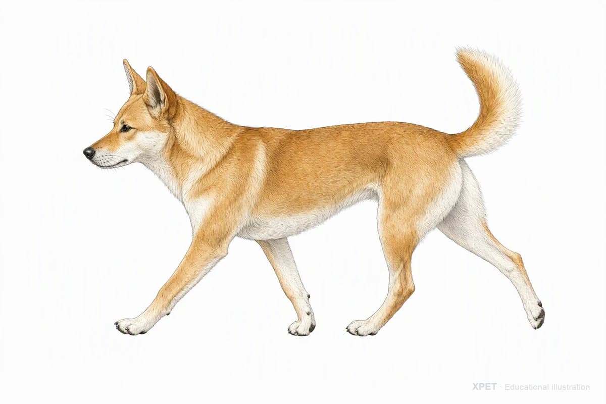 Original XPET engraving and watercolor illustration of Canaan Dog: a natural movement study.