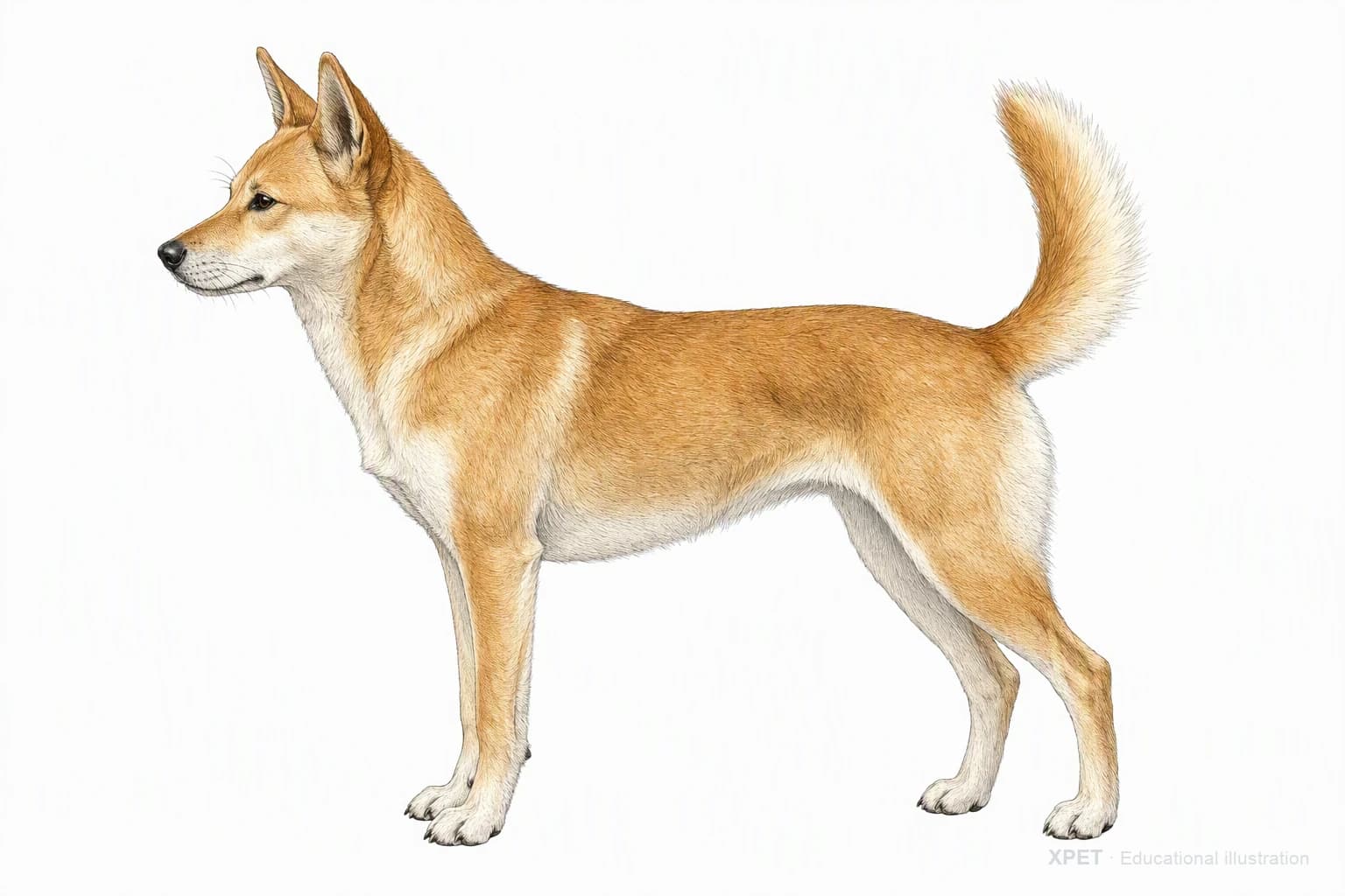 Original XPET engraving and watercolor illustration of Canaan Dog: an adult in left-facing profile.